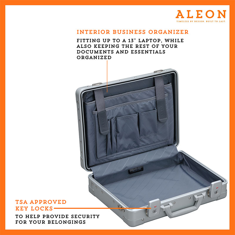 Open view of Aleon attache case with business divider to keep businessperson organized
