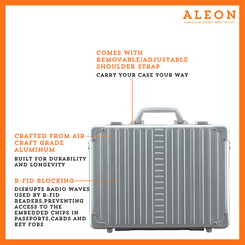 Front view of ALEON business 17in attache case crafted from air craft grade aluminum that ensures durability
