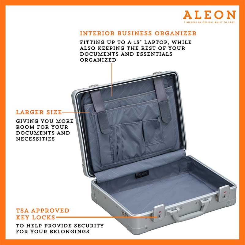 Open view of the 17in attache in silver with business organizer