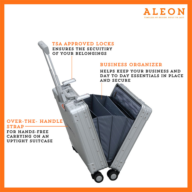 Vertical open view of Aleon business case with over the handle strap and internal business organizer