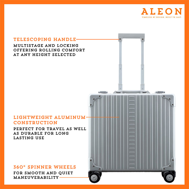 Front view of silver platinum Aleon business case with tsa approved locks, spinner wheels and aluminum construction