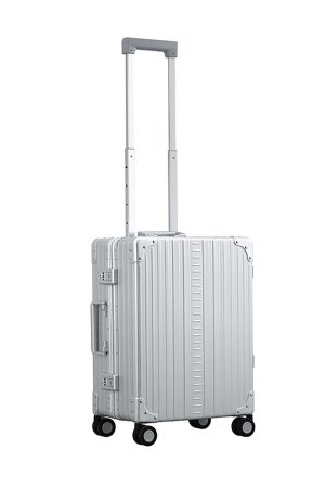 Platinum Silver Aleon aluminum luggage angled side profile showcasing full case design