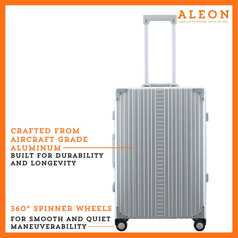 Front view of Aleon silver checked case with spinner wheels