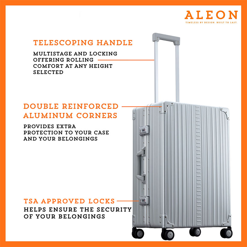 Side profile view of Aleon case with Tsa approved wheels and telescoping handle