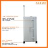 3019-PL--B075Y2SWHJ-lock-1-(1) A sleek, platinum-colored aluminum trunk-style suitcase with reinforced corners and a sturdy telescoping handle. The case stands upright, showcasing its durable construction and TSA-approved combination locks.