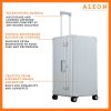 3019-PL--B075Y2SWHJside-(1) A close-up of the silver suitcase’s high-density double quad wheels, designed for smooth 360-degree rotation. The aluminum side handle is visible, offering an alternative carrying option for convenience.