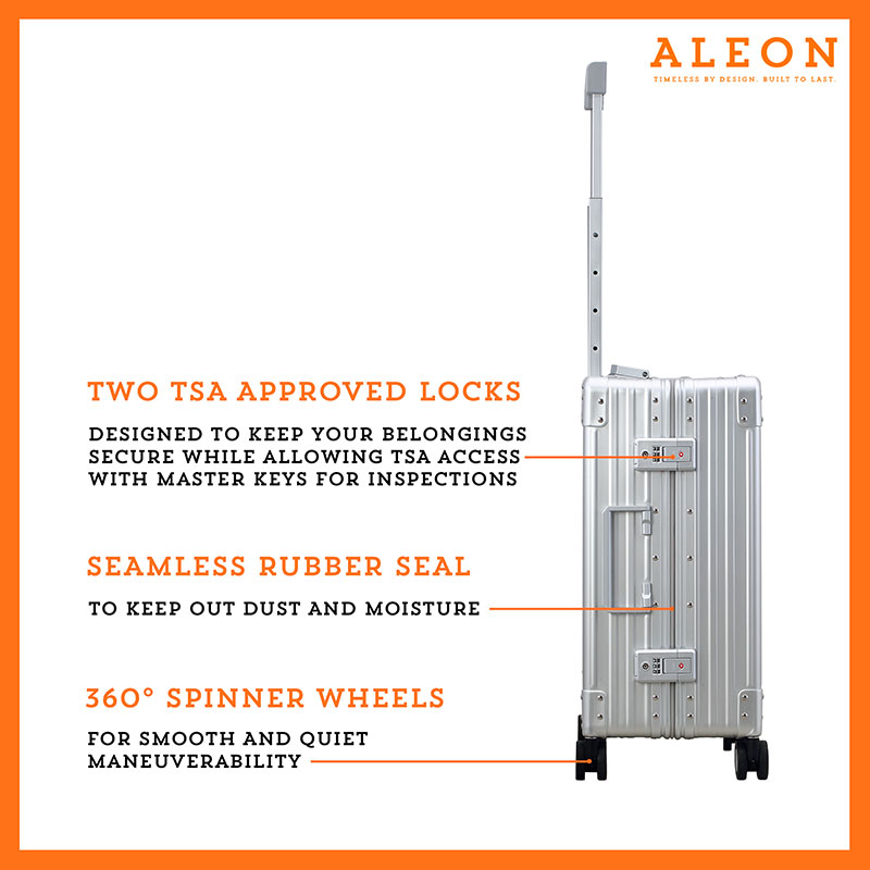 The ALEON silver 21" Carry-On glides effortlessly through a busy terminal, its precision-engineered wheels navigating the polished flooring with ease. The sturdy telescoping handle ensures a comfortable grip for travelers.