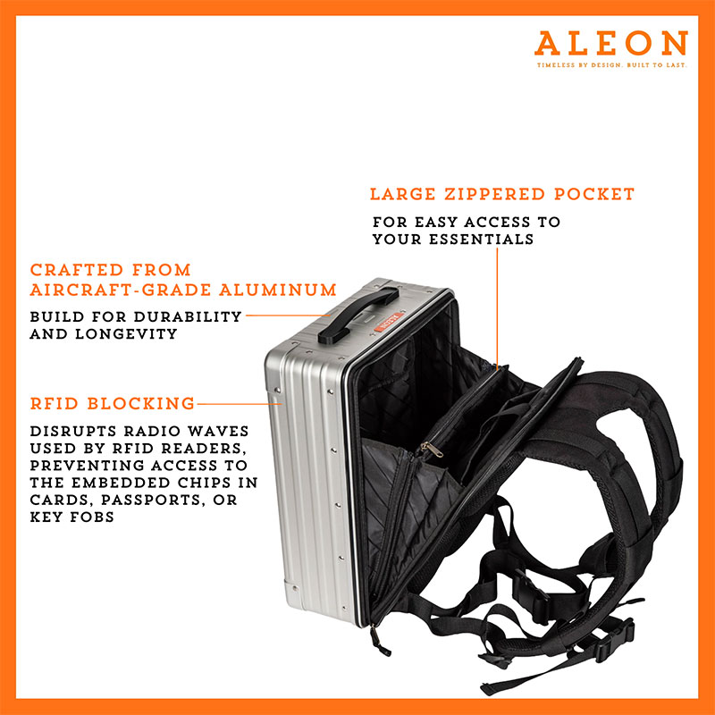 Aleon silver backpack open with zippered pocket