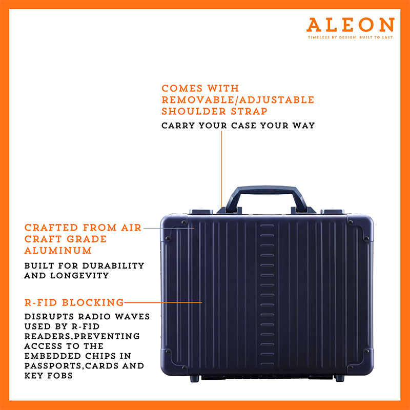 Front view of Aleon attache in blue made from aluminum with RFID blocking qualities