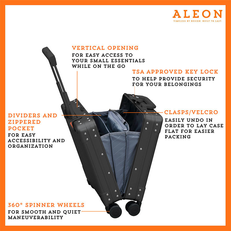 Open view of Aleon onyx black vertical opening personal case with spinner wheels and tsa lock