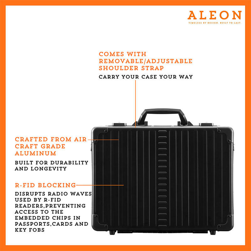 Front view of 17" attache crafted from aluminum with rfid blocking qualities to keep your devices secure