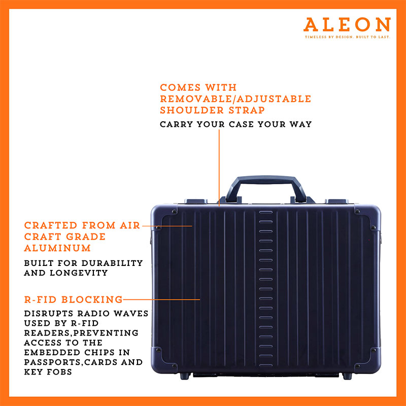 Front view of ALEON 17" attache crafted from aluminum with rfid blocking qualities
