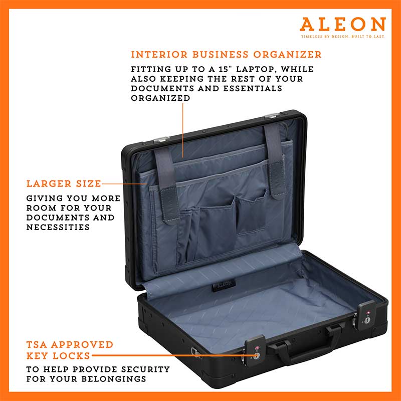 Open 17in business attache case with dividers and pockets to keep your essentials secure