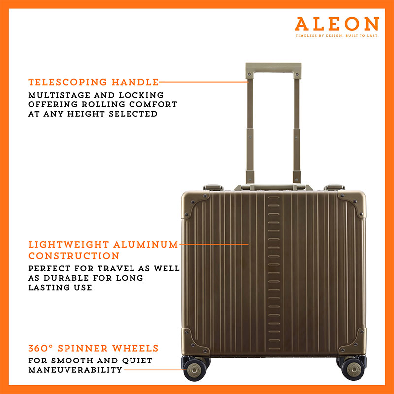 Bronze front view of Aleon vertical opening business case with telescoping handle, aluminum construction and spinner wheels