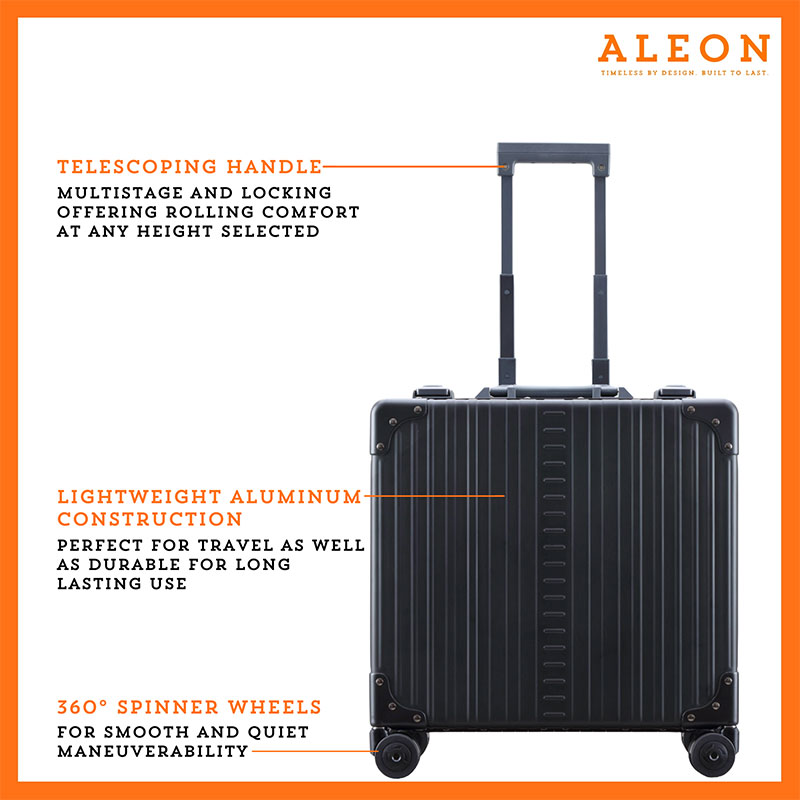 Onyx black Aleon vertical opening business case with telescoping handle, aluminum construction and spinner wheels