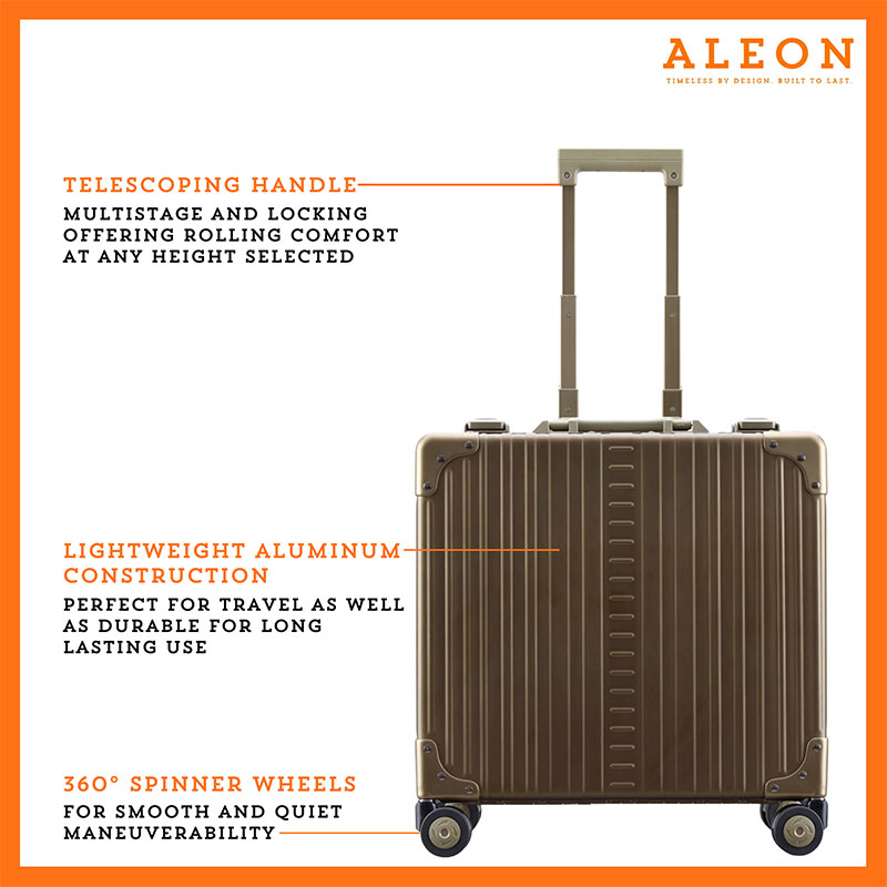 Front view of bronze Aleon business case with spinner wheels and aluminum construction