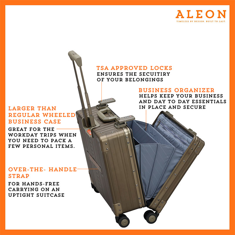 Bronze open view of Aleon vertical business case with tsa approved locks and business organizer