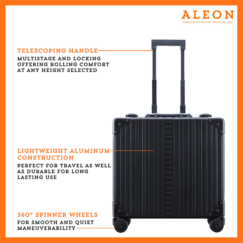 Front view of onyx black Aleon business case with telescoping handle, tsa approved locks and aluminum construction
