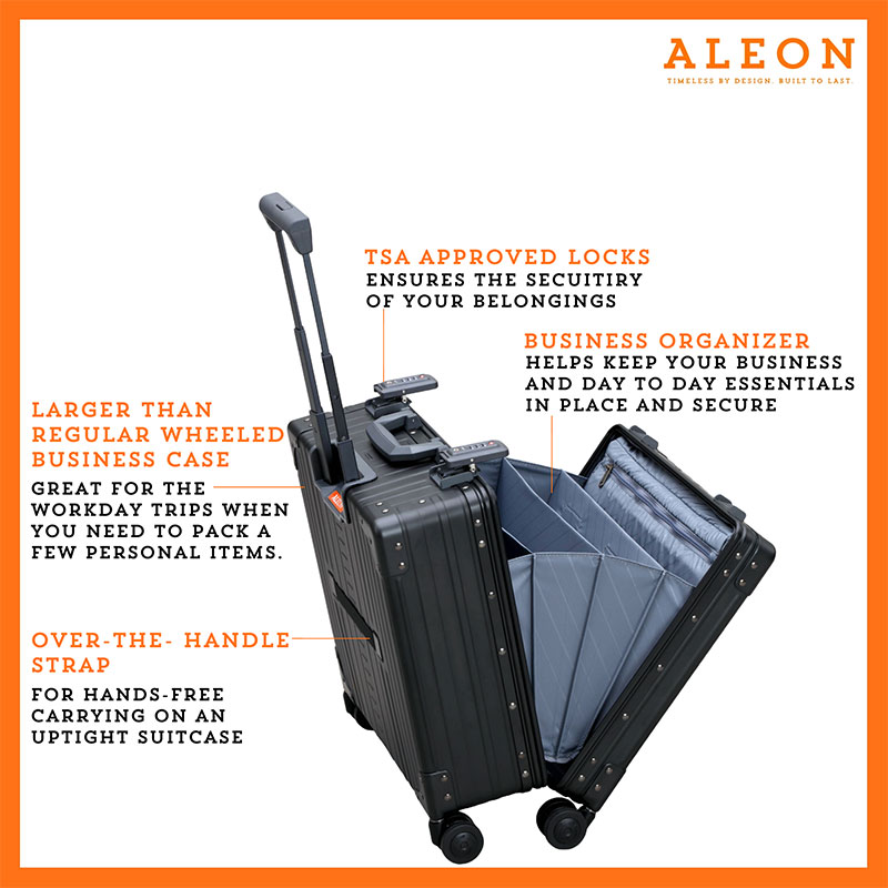 Onyx open view of Aleon vertical business case with tsa approved locks and business organizer