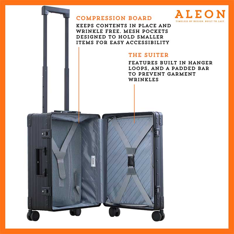 ALEON Carry-On with Suiter open to reveal a thoughtfully designed interior, featuring compression straps, a zippered divider, and a fold-out suiter for wrinkle-free garment storage.