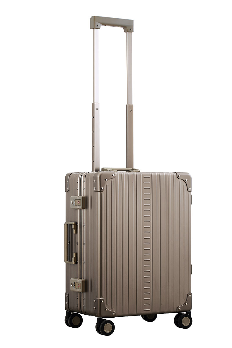 Bronze Aleon aluminum luggage angled side profile showcasing full case design