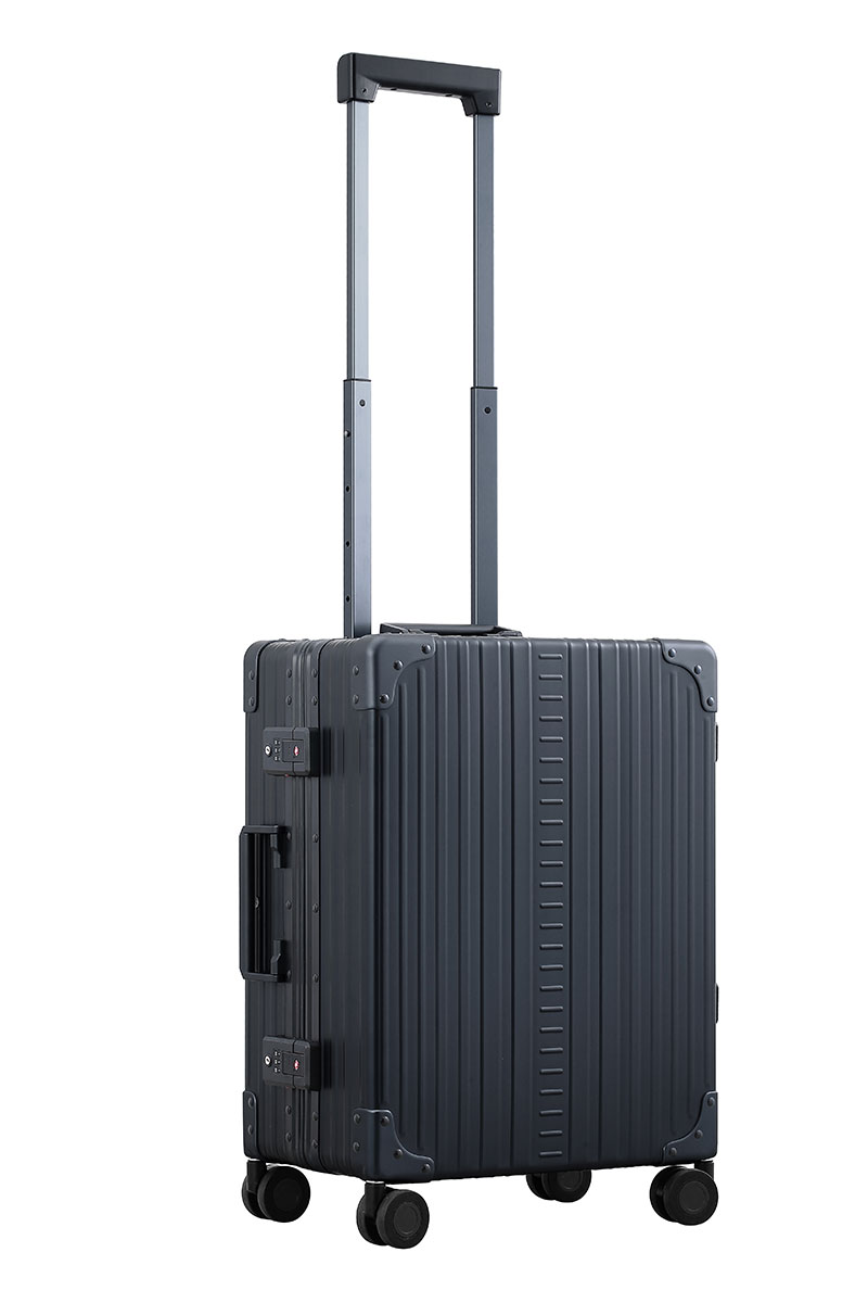 2155-classic-carryon-side-new-on Black Onyx Aleon aluminum luggage angled side profile showcasing full case design