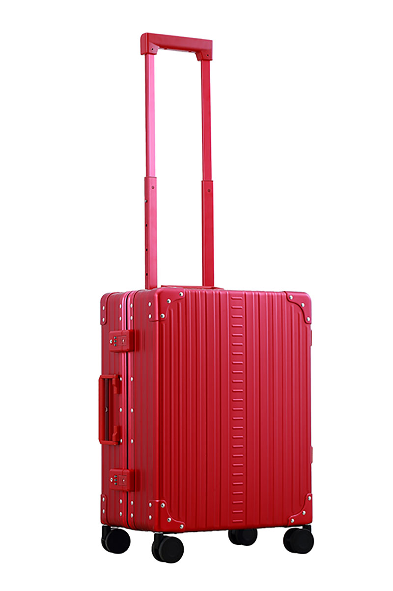 2155-classic-carryon-side-new-ru Ruby Red Aleon aluminum luggage angled side profile showcasing full case design