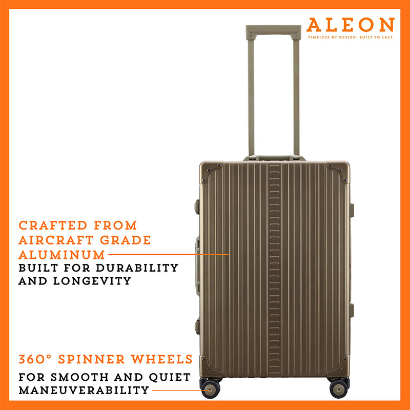 Front view of Aleon checked case with spinner wheels