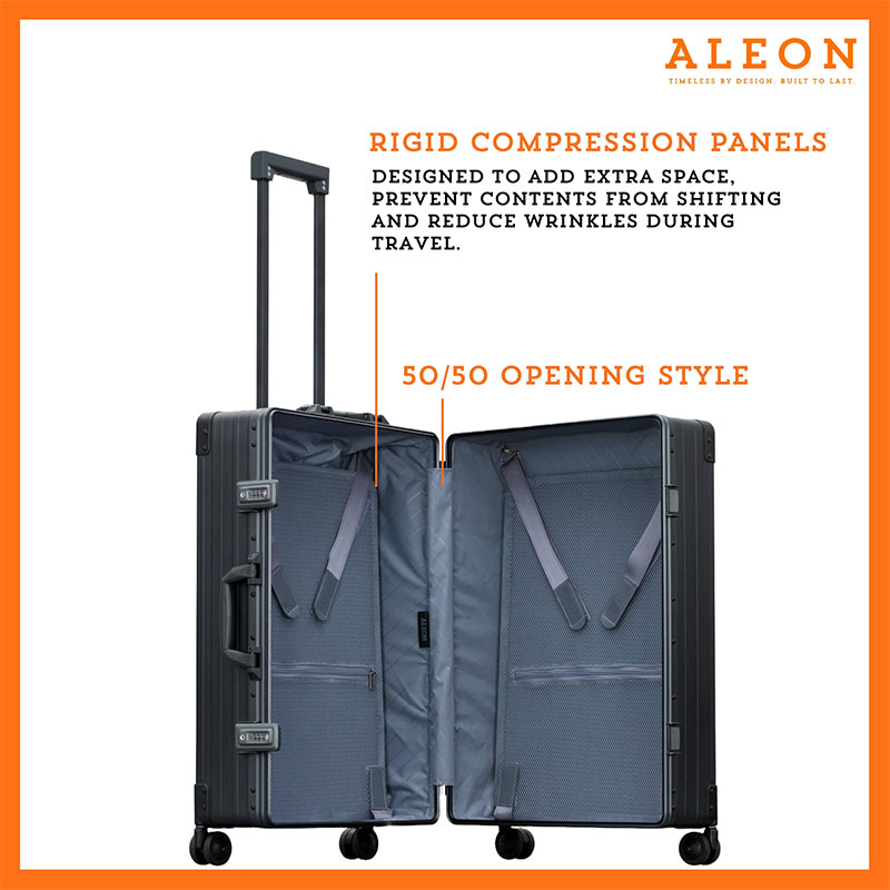 Open view of black onyx checked traveler case with compression boards