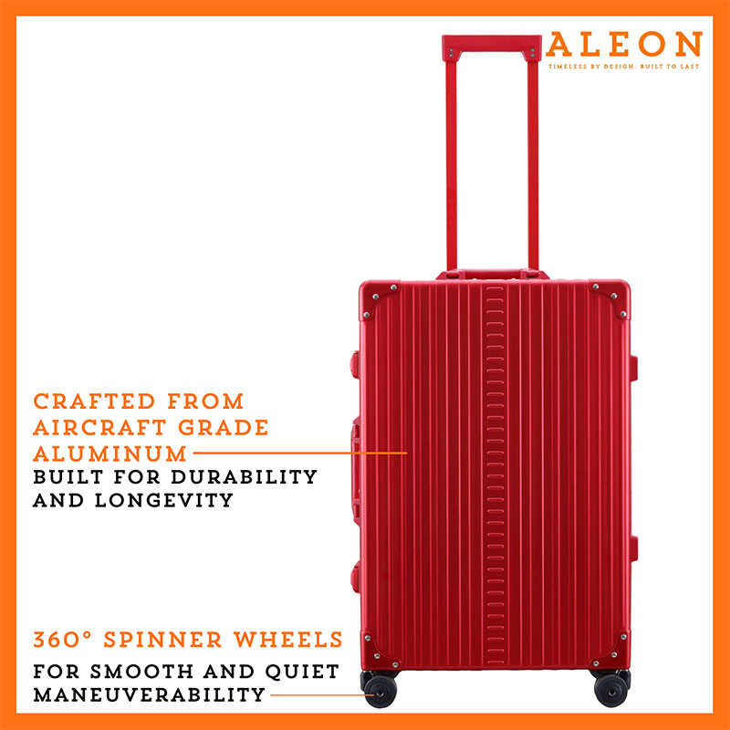 Front view of Aleon red ruby checked case with spinner wheels