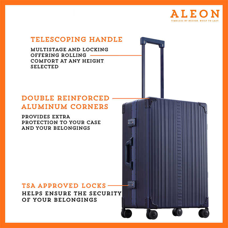 Side profile view of Aleon checked case in blue sapphire with TSA approved locks
