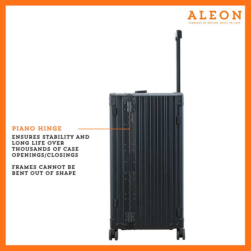 A detailed view of the suitcase’s full-length aluminum piano hinge, seamlessly integrated into the design for enhanced durability. The riveted construction ensures smooth opening and closing, reinforcing the case’s secure structure.