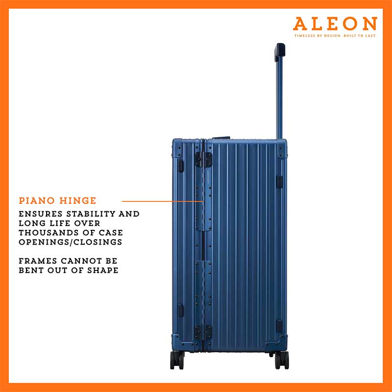 A detailed view of the suitcase’s full-length aluminum piano hinge, seamlessly integrated into the design for enhanced durability. The riveted construction ensures smooth opening and closing, reinforcing the case’s secure structure.