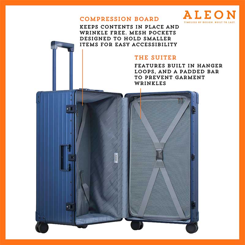 The blue suitcase is fully opened, revealing a spacious interior with a fitted packing cube and a compression panel designed to keep belongings secure and wrinkle-free. The seamless rubber seal lining ensures protection against moisture and dust.