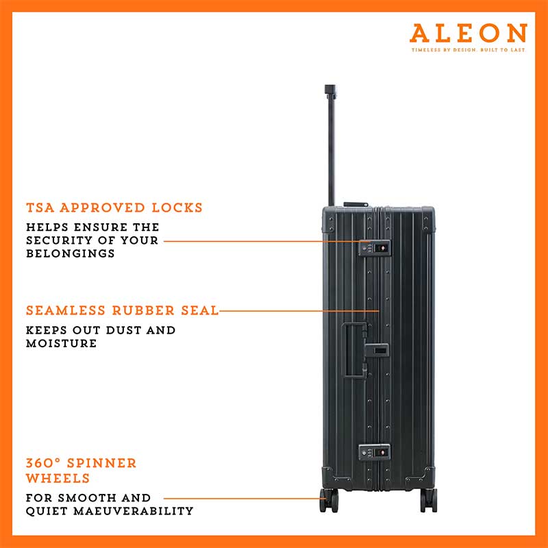 ALEON Macro Traveler Checked Case featuring sturdy, smooth-rolling spinner wheels and a telescoping handle, and TSA approved locks designed for effortless mobility