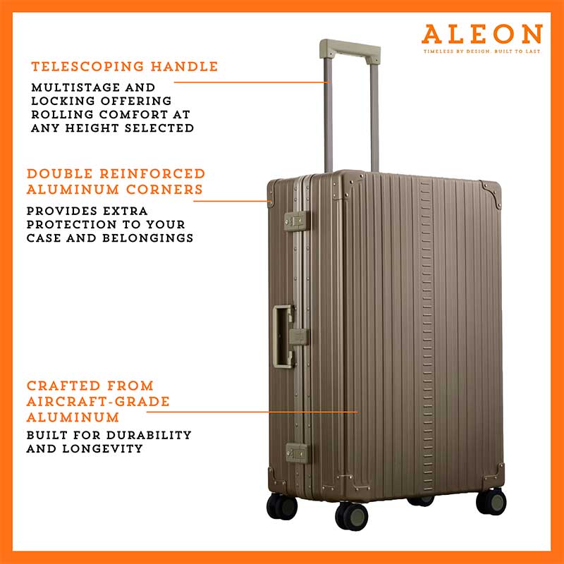 ALEON Bronze Macro Traveler Checked Case in brushed aluminum finish, standing upright with reinforced corners and dual lock latches, showcasing its sleek and durable design.