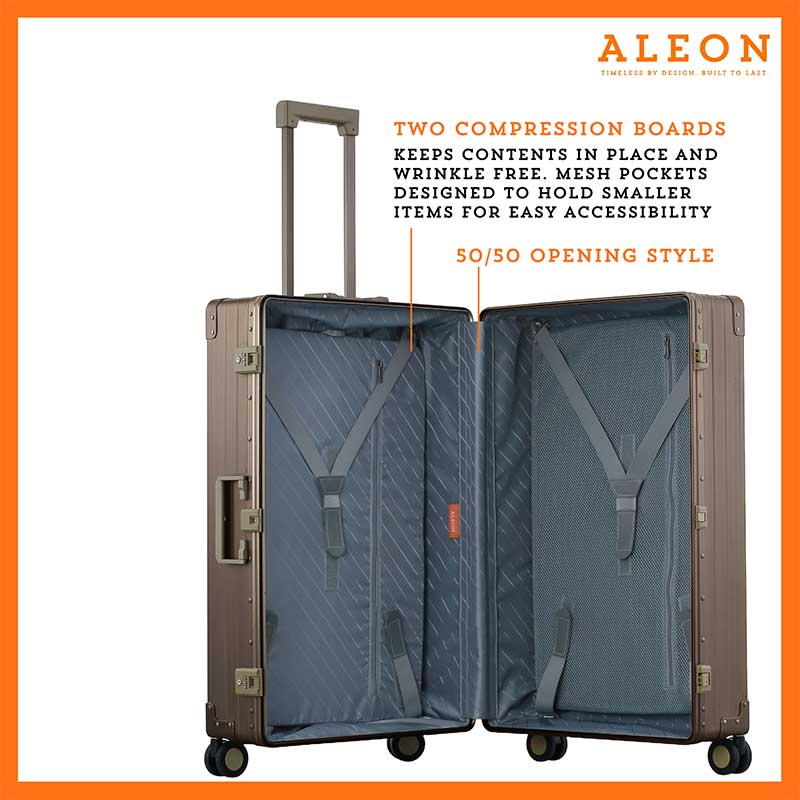 ALEON bronze Macro Traveler Checked Case open to reveal organized interior with compression straps and a zippered divider, ensuring secure storage for travel essentials