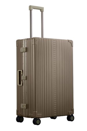 Bronze Aleon checked aluminum luggage angled side profile showcasing full case design.