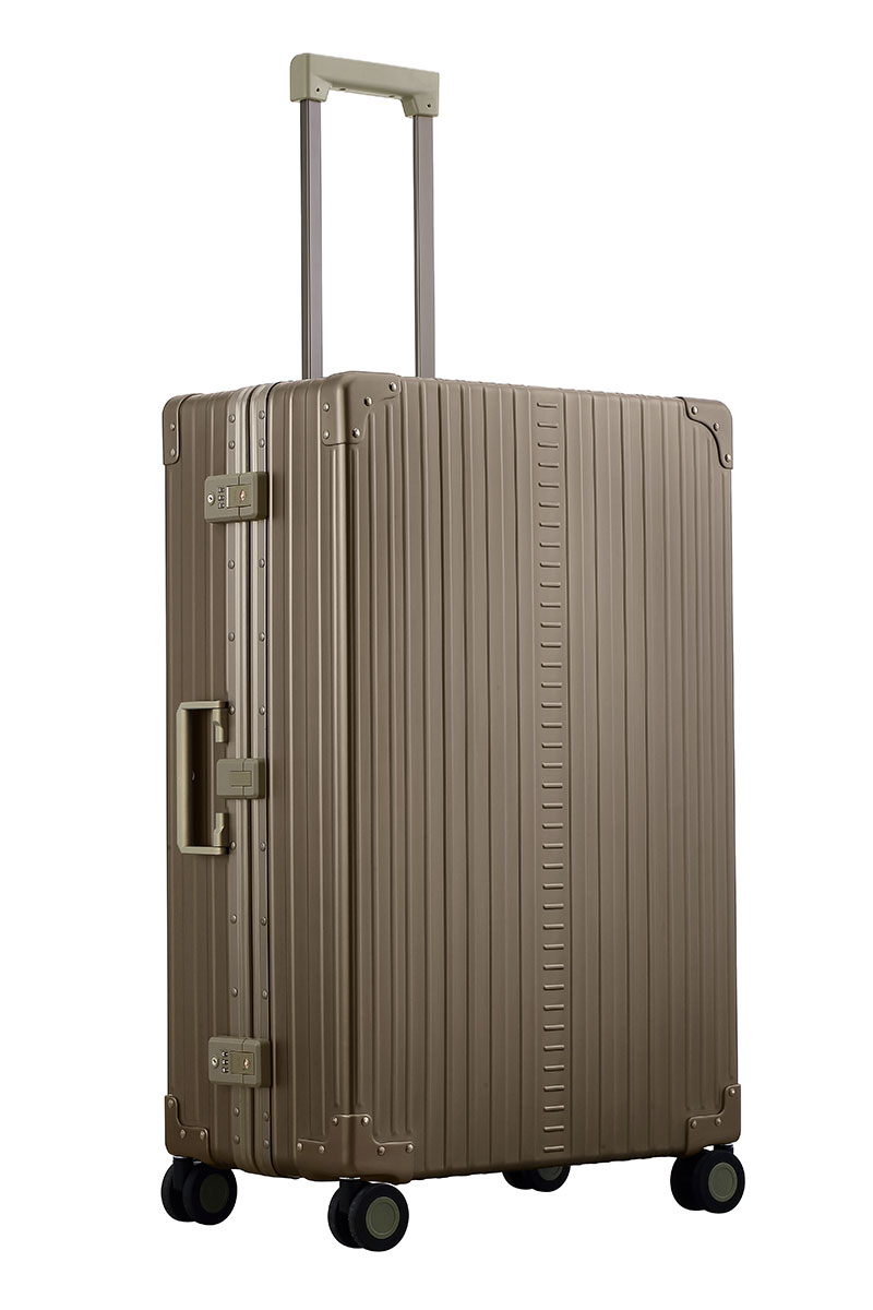 Bronze Aleon checked aluminum luggage angled side profile showcasing full case design.