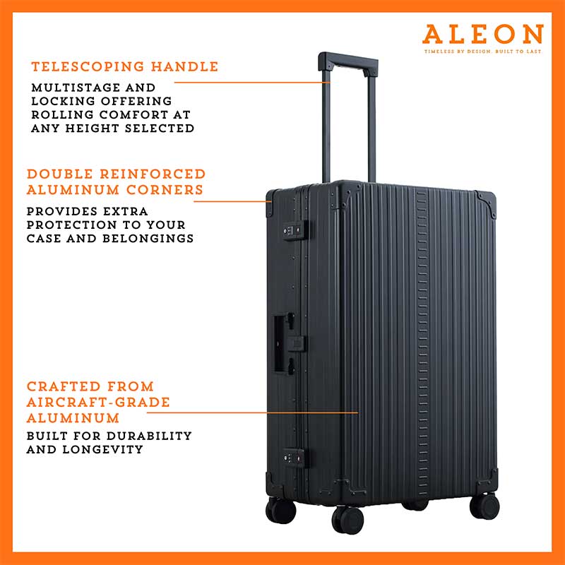 ALEON black onyx Macro Traveler Checked Case in brushed aluminum finish, standing upright with reinforced corners and dual lock latches, showcasing its sleek and durable design