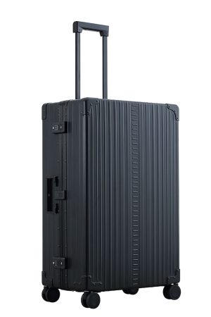 Black Onyx Aleon aluminum checked luggage angled side profile showcasing full case design