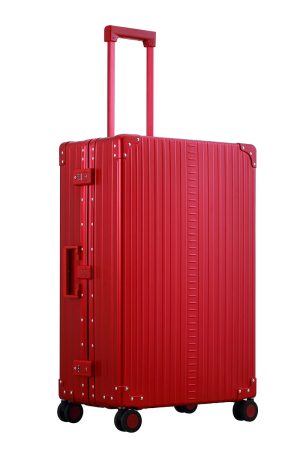 Ruby Red Aleon aluminum checked luggage angled side profile showcasing full case design