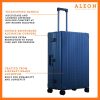 3055-SA-B077WMCT5W--side-1-(1) ALEON blue sapphire Macro Traveler Checked Case in brushed aluminum finish, standing upright with reinforced corners and dual lock latches, showcasing its sleek and durable design