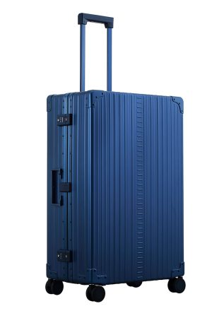 Sapphire Blue Aleon aluminum checked 30 in luggage angled side profile showcasing full case design