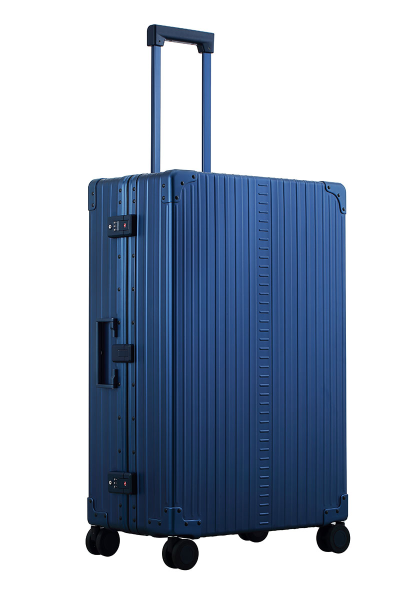 Sapphire Blue Aleon aluminum checked 30 in luggage angled side profile showcasing full case design