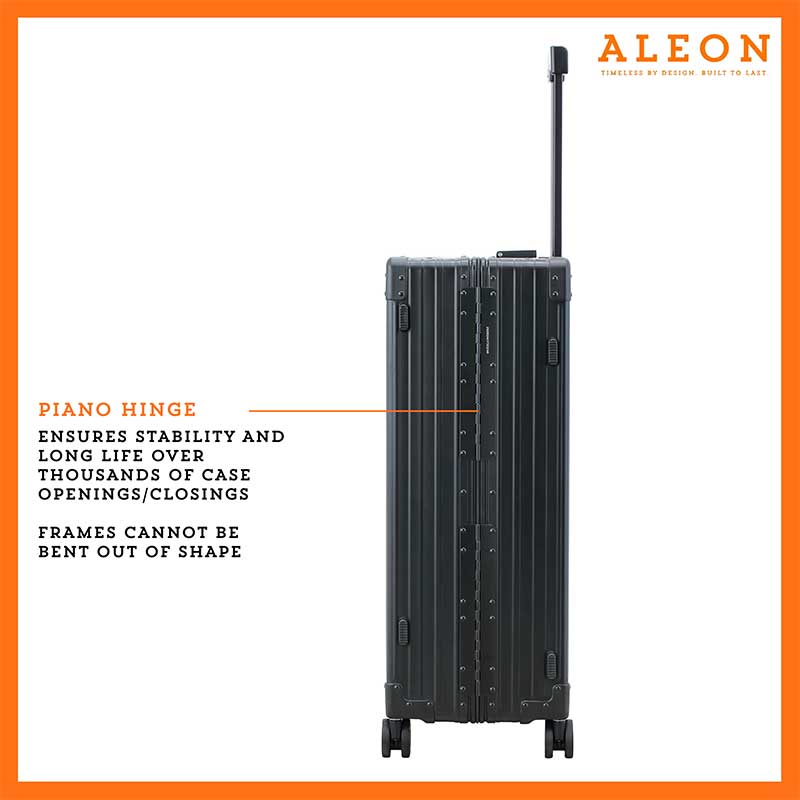 Detailed close-up of the ALEON Macro Traveler Checked Case’s piano hinge