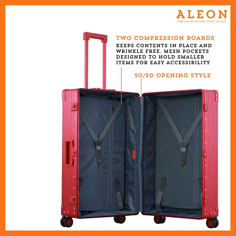 ALEON red ruby Macro Traveler Checked Case open to reveal organized interior with compression straps and a zippered divider, ensuring secure storage for travel essentials.