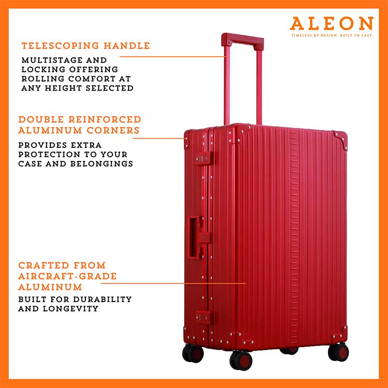 ALEON red ruby Macro Traveler Checked Case in brushed aluminum finish, standing upright with reinforced corners and dual lock latches, showcasing its sleek and durable design