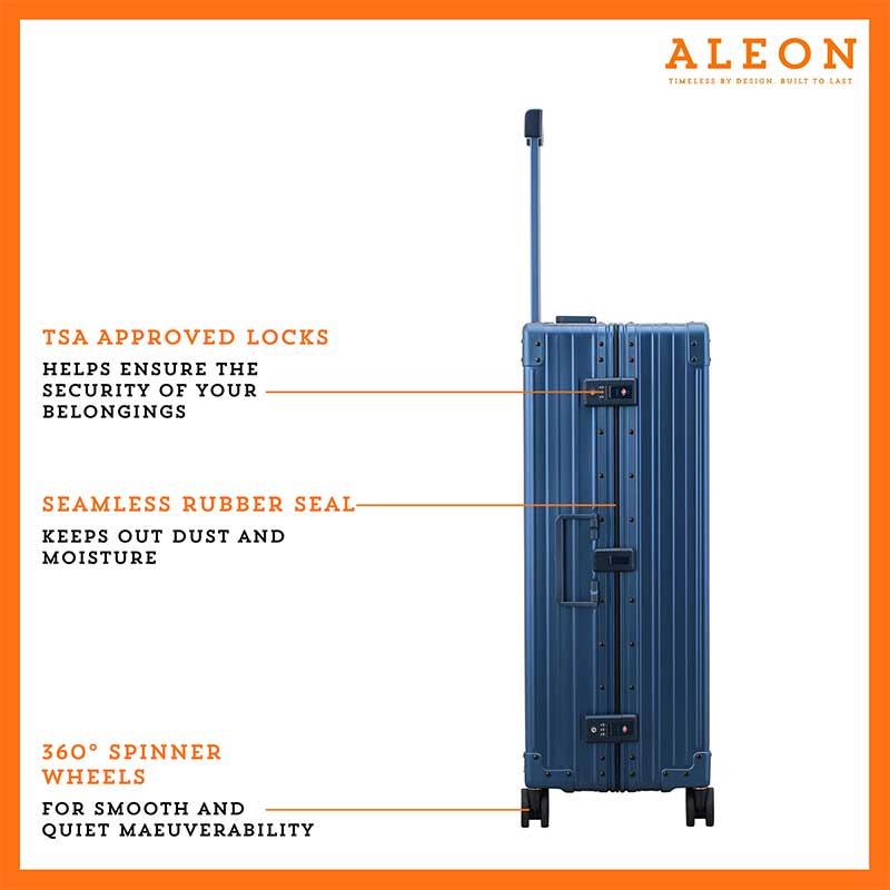 ALEON Macro Traveler Checked Case featuring sturdy, smooth-rolling spinner wheels and a telescoping handle, TSA approved locks designed for effortless mobility.