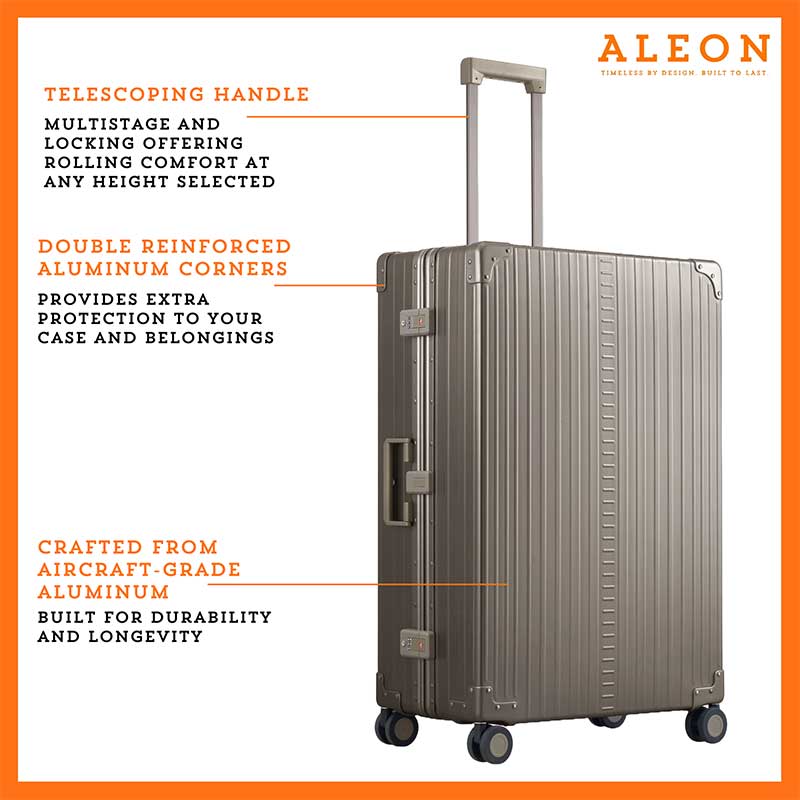 The ALEON 32″ bronze Macro Plus glides smoothly through an airport terminal, its high-performance wheels designed for quiet and stable movement. The ergonomic telescoping handle ensures comfortable handling, even in bustling travel environments.